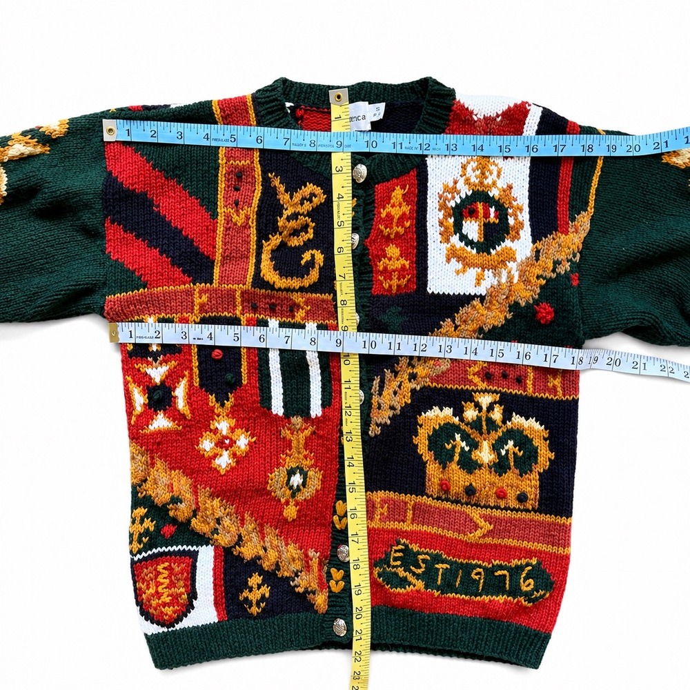 Vintage 90s Bianca Royal Crest Intarsia Cardigan Sweater Crown Heraldic Small - Picture 8 of 9